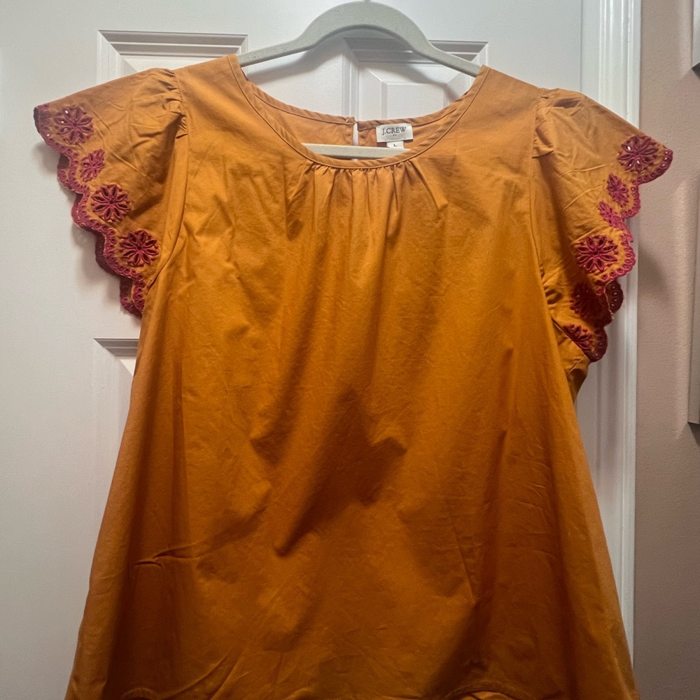 Cotton Women's Mustard Top with Embroidered Sleeves